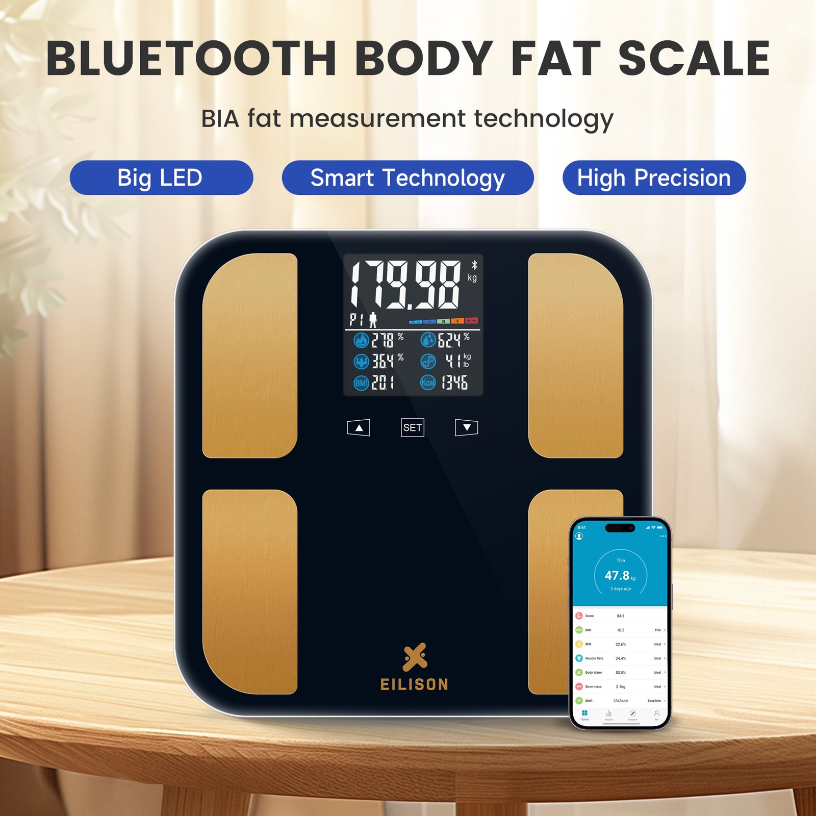 EILISON Digital Bathroom Scale with 4 Electrodes & BIA Technology High-Precision (Smart Black)