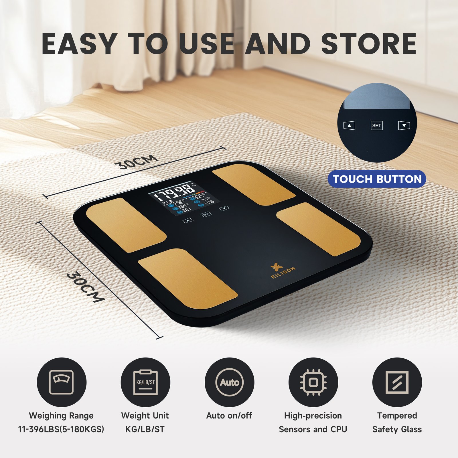 EILISON Digital Bathroom Scale with 4 Electrodes & BIA Technology High-Precision (Smart Black)