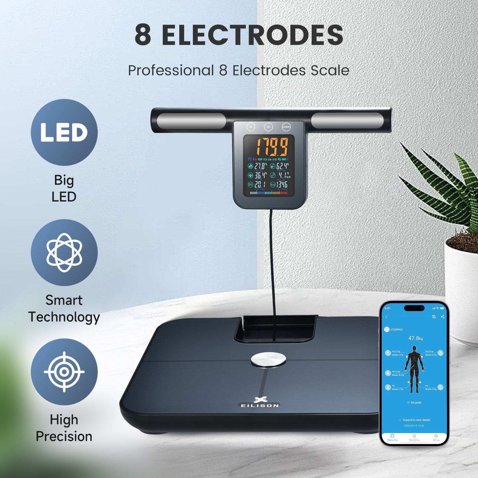 EILISON 8-Electrode Body Fat Scale with ITO Coating & BIA Tech, Digital Bathroom Scale(Grey)