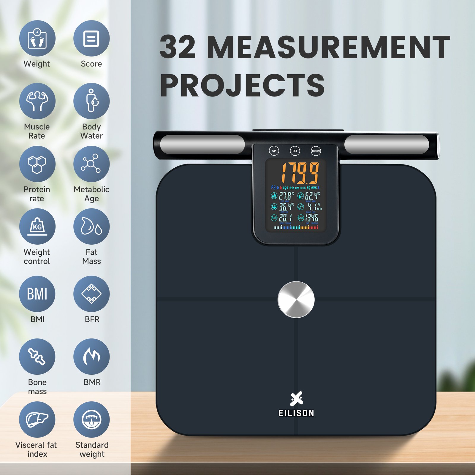 EILISON 8-Electrode Body Fat Scale with ITO Coating & BIA Tech, Digital Bathroom Scale(Grey)