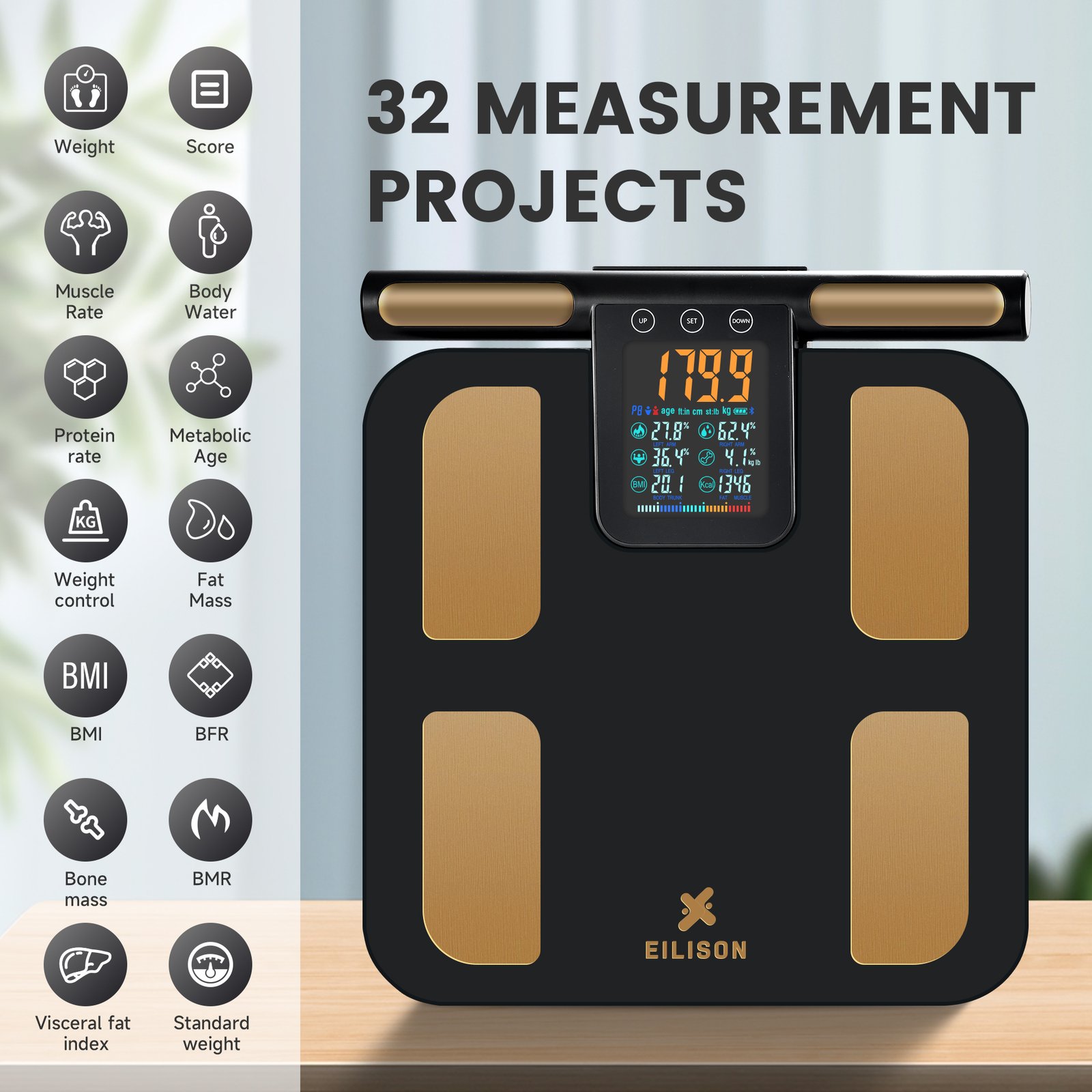 EILISON 8-Electrode Body Fat Scale with BIA Technology, Digital Bathroom Scale(Black)