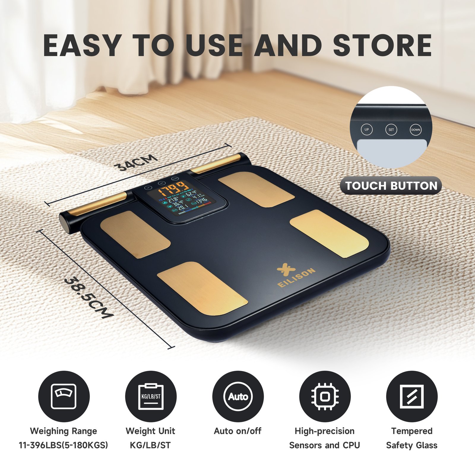 EILISON 8-Electrode Body Fat Scale with BIA Technology, Digital Bathroom Scale(Black)