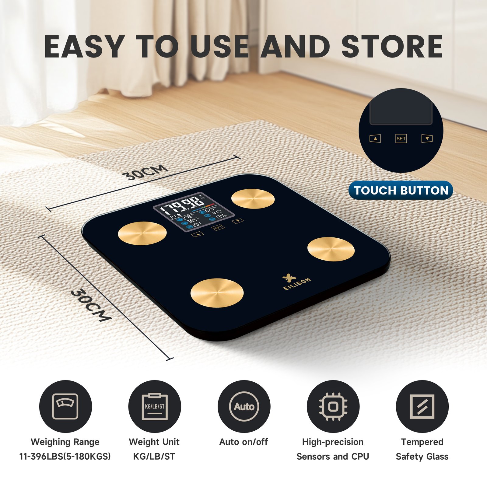 EILISON Smart Scale with 4 Electrodes & BIA Technology High-Precision Body Fat Analyzer (New Black)