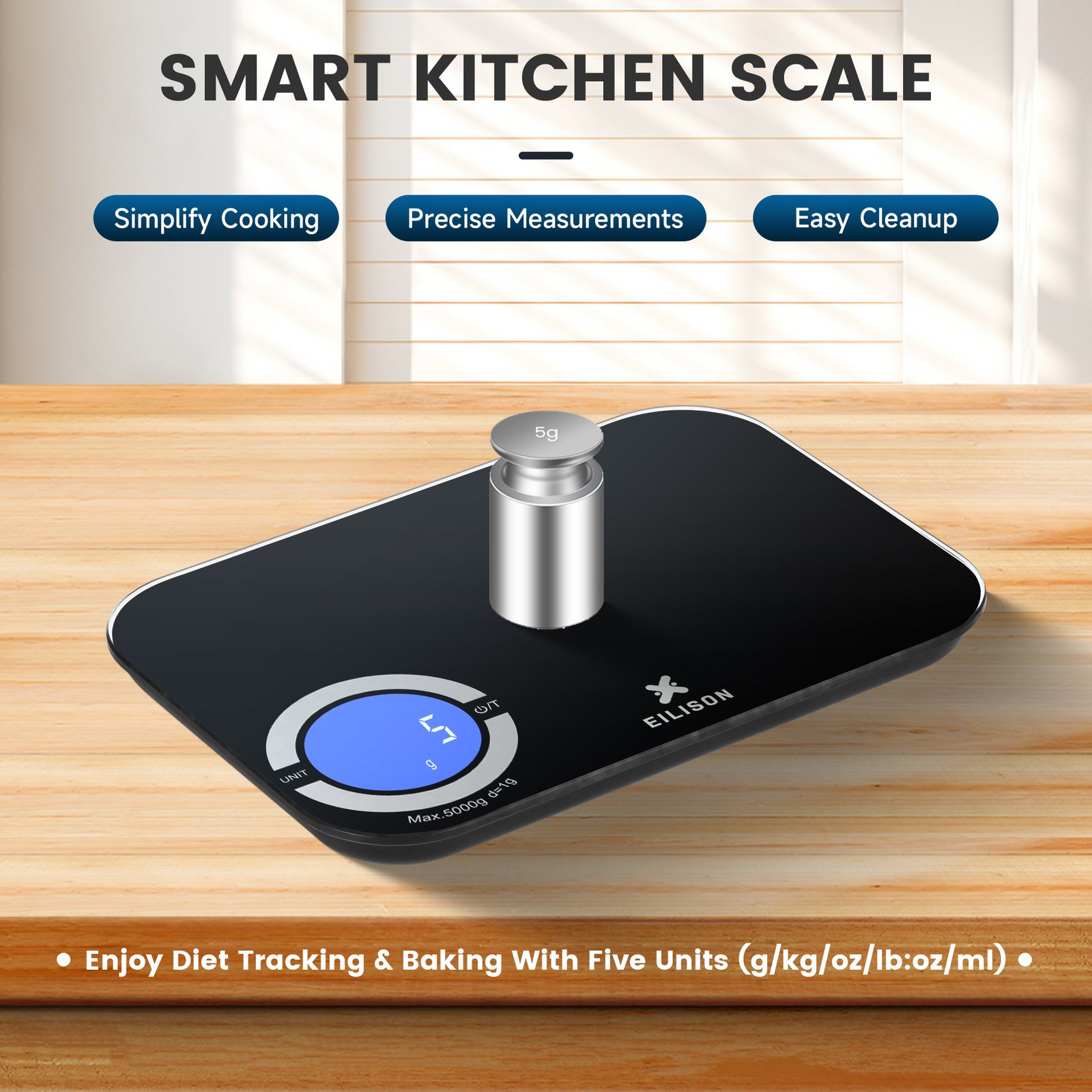 EILISON Smart Kitchen Scale with Bluetooth App, High-Precision Digital Food Scale for Baking (Black)
